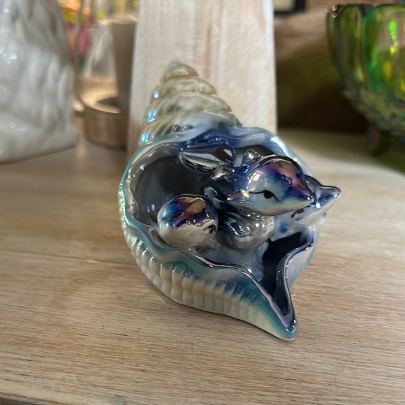 VINTAGE | Dolphins Blue Iridescent Shell Lusterware Nautical Ceramic Figurine - Picture 1 of 8